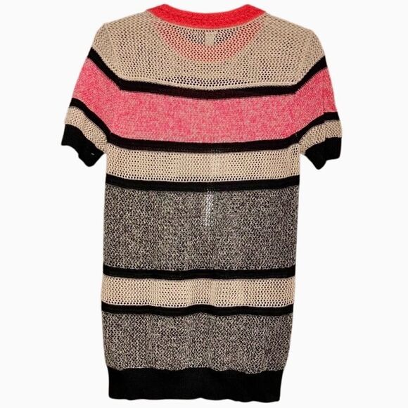 Halogen Striped Crochet Short Sleeve Sweater in Pink/Tan/Black Women’s S - Picture 3 of 5